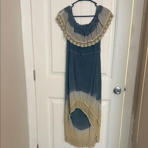 Blue and Yellow Vintage Ombre Dress with Lace Detail